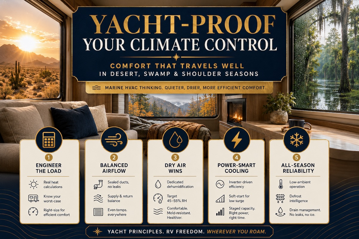 HVAC in real weather: why marine approaches to heat load, ducting, and dehumidification create RV climate control that works in the desert, the swamp, and the shoulder seasons